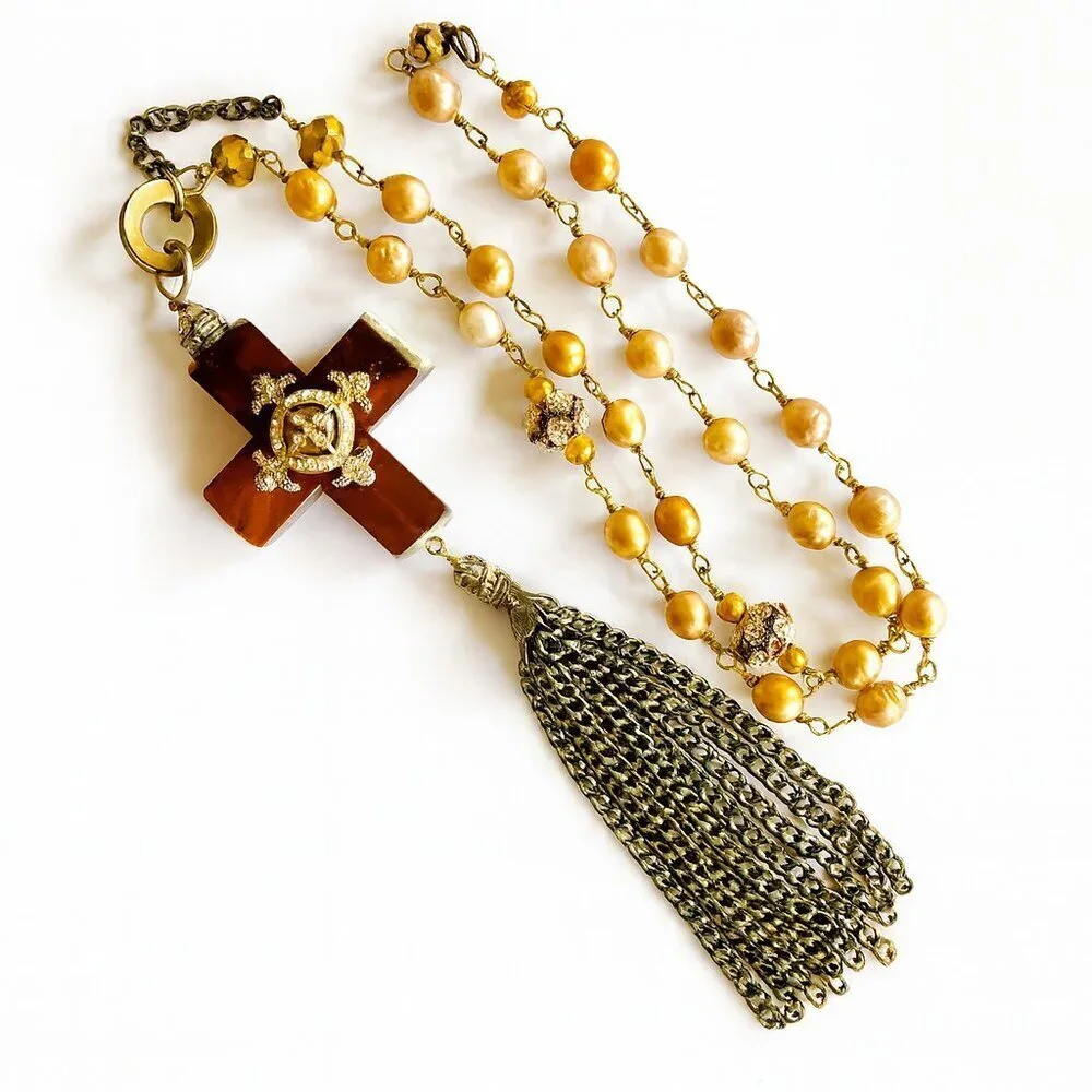 Vintage Amber Cross Necklace Freshwater Pearl Tassel Pendant